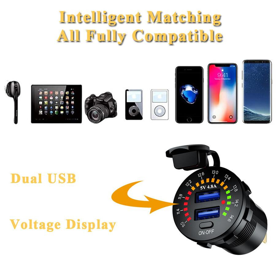 Dual USB Charger Socket Phone Fast Charging With Voltmeter & Switch Waterproof
