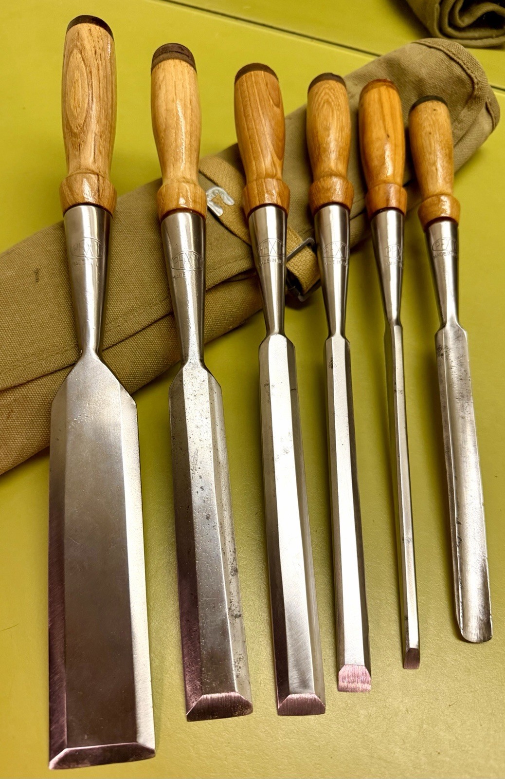 SUPERB 6-pc Set PEXTO vtg Socket Chisels w/MATCHING Handles & CANVAS TOOL ROLLUP