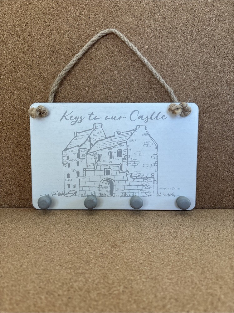 Scottish Key Rack With Midhope Castle On It With Rope Hanger 5 Key Knobs