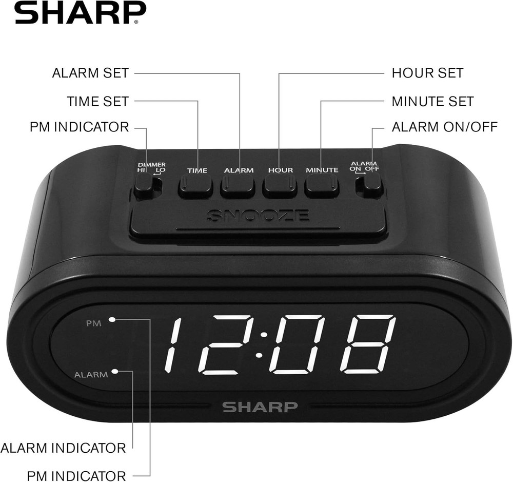 Sharp Digital Alarm with AccuSet - Automatic Smart Midnight Black-white Led