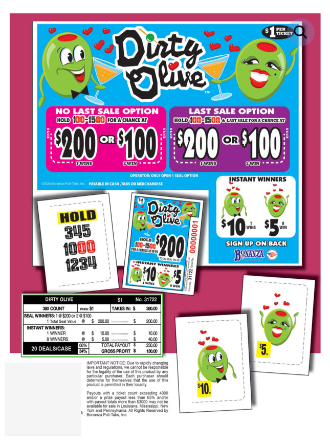 Pull Tab Ticket - Hard Card Tickets - Game - 3 Pack Dirty Olive