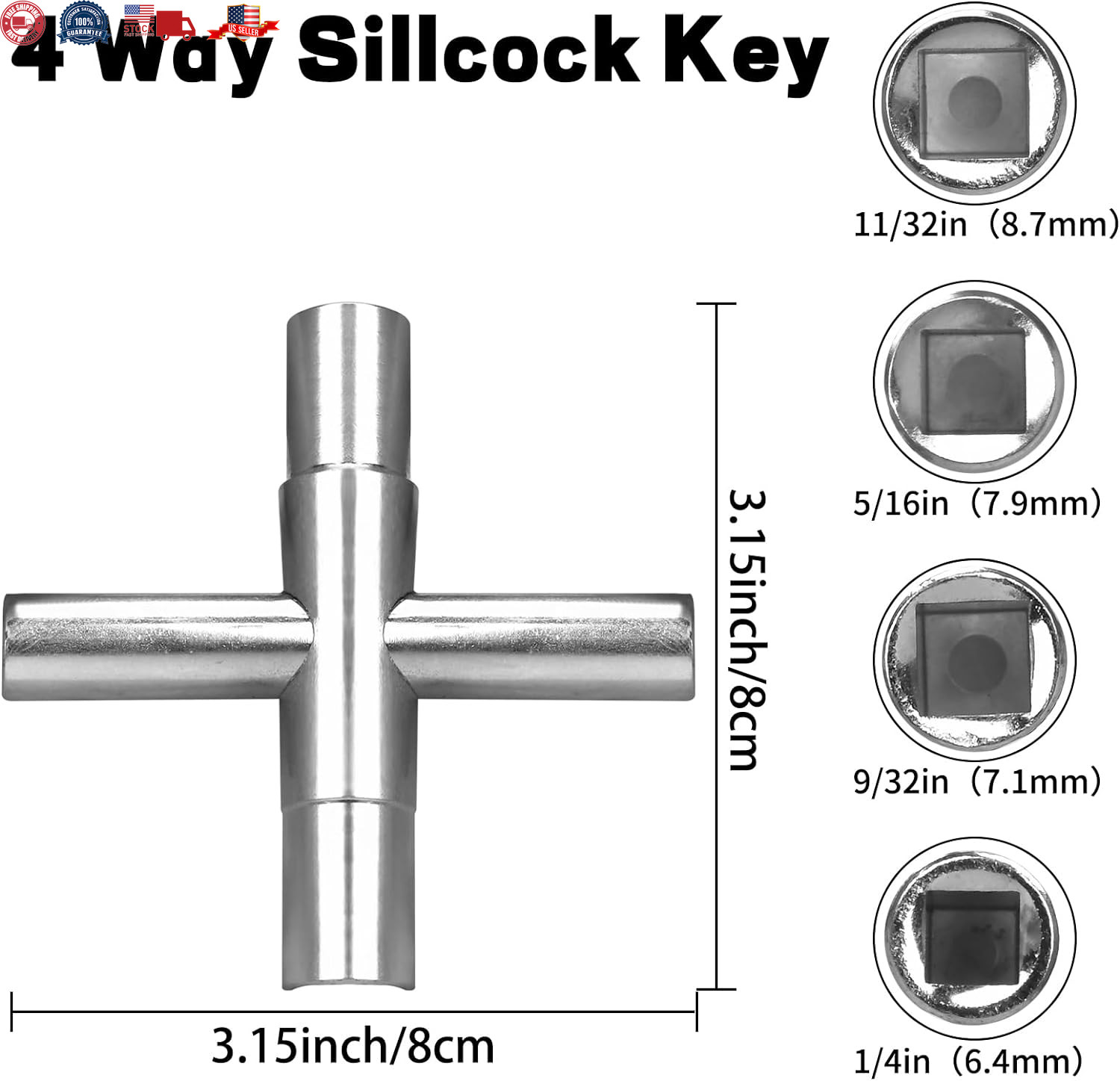 2Pcs 4 Way Sillcock Key Set 1/4", 9/32", 5/16", 11/32 Steel Sillcock Water Hose