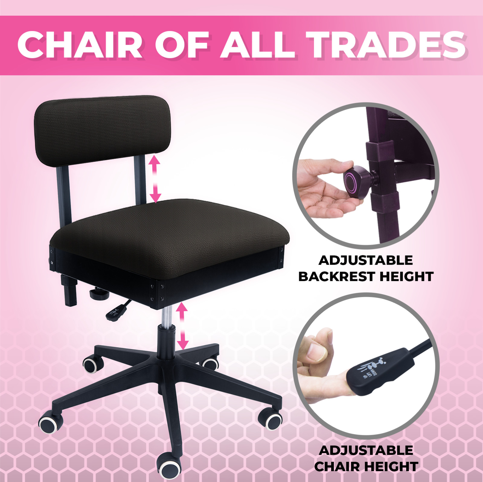 Black Sewing Chair w/ Wheels – Adjustable Ergonomic Craft Seat w/ Back Support