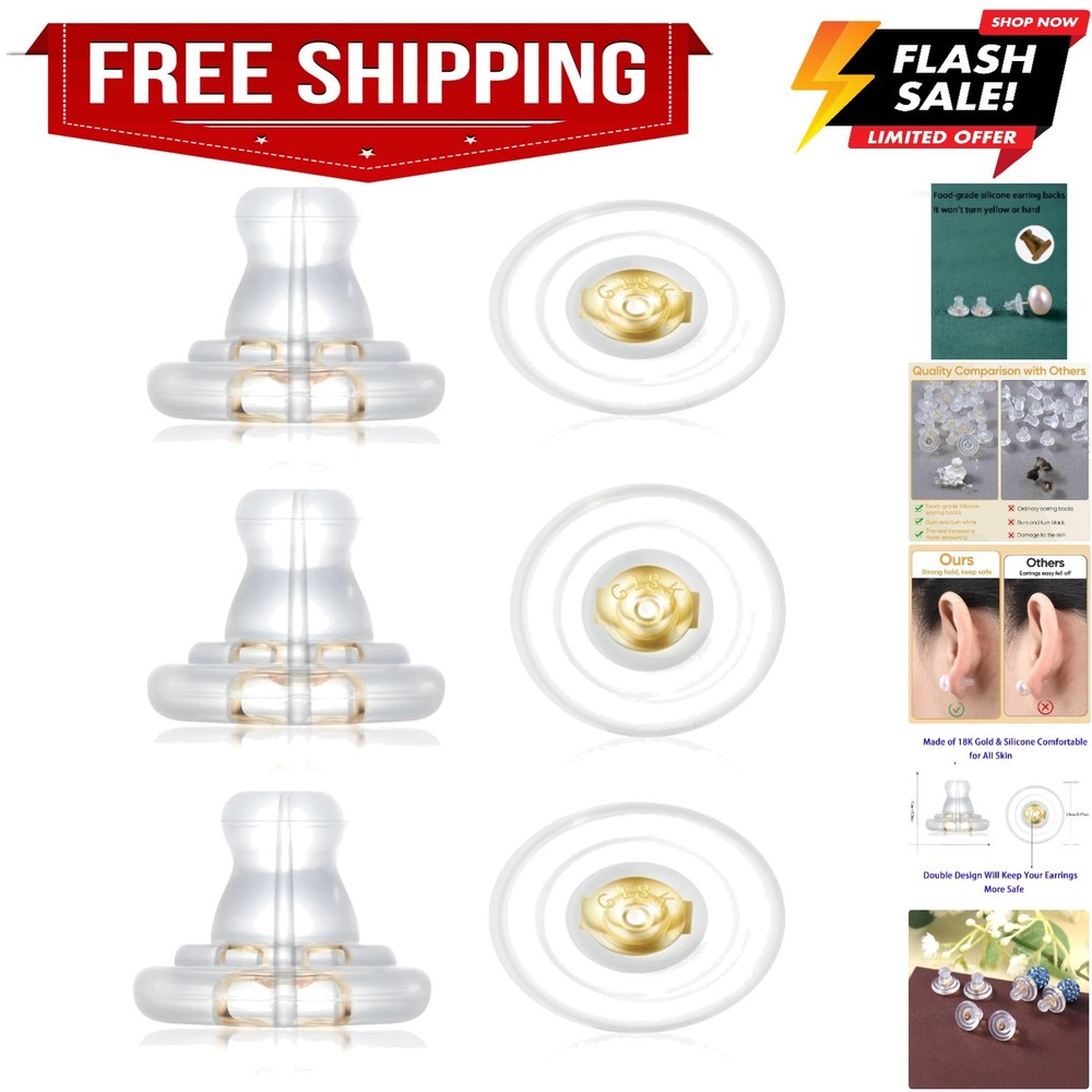 Earring Backs,18K Gold Silicone Earring Backs Replacements,Locking Secure Ear...