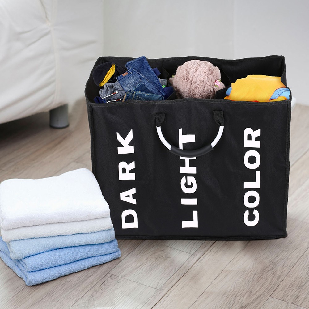 ⁺Collapsable 3-section Laundry Bag Foldable Laundry Hamper Durable Oxford Fabric