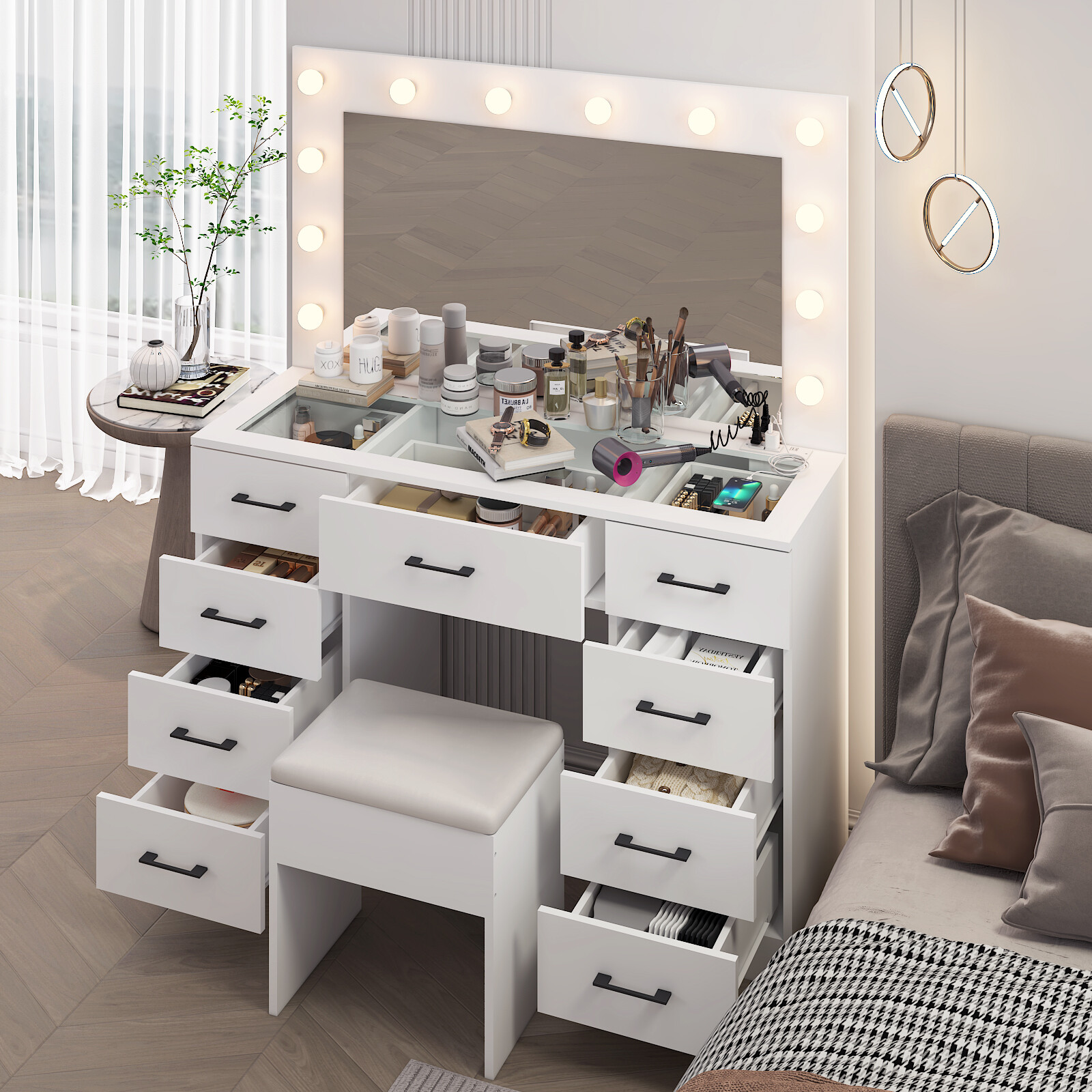 Vanity Set Desk 9 Drawers Large Mirror with Power Outlet LED Lights Makeup Table