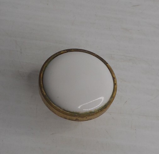 Vintage BRASS PORCELAIN White Knobs Drawer Pulls 1 1/4" diameter x 1" high