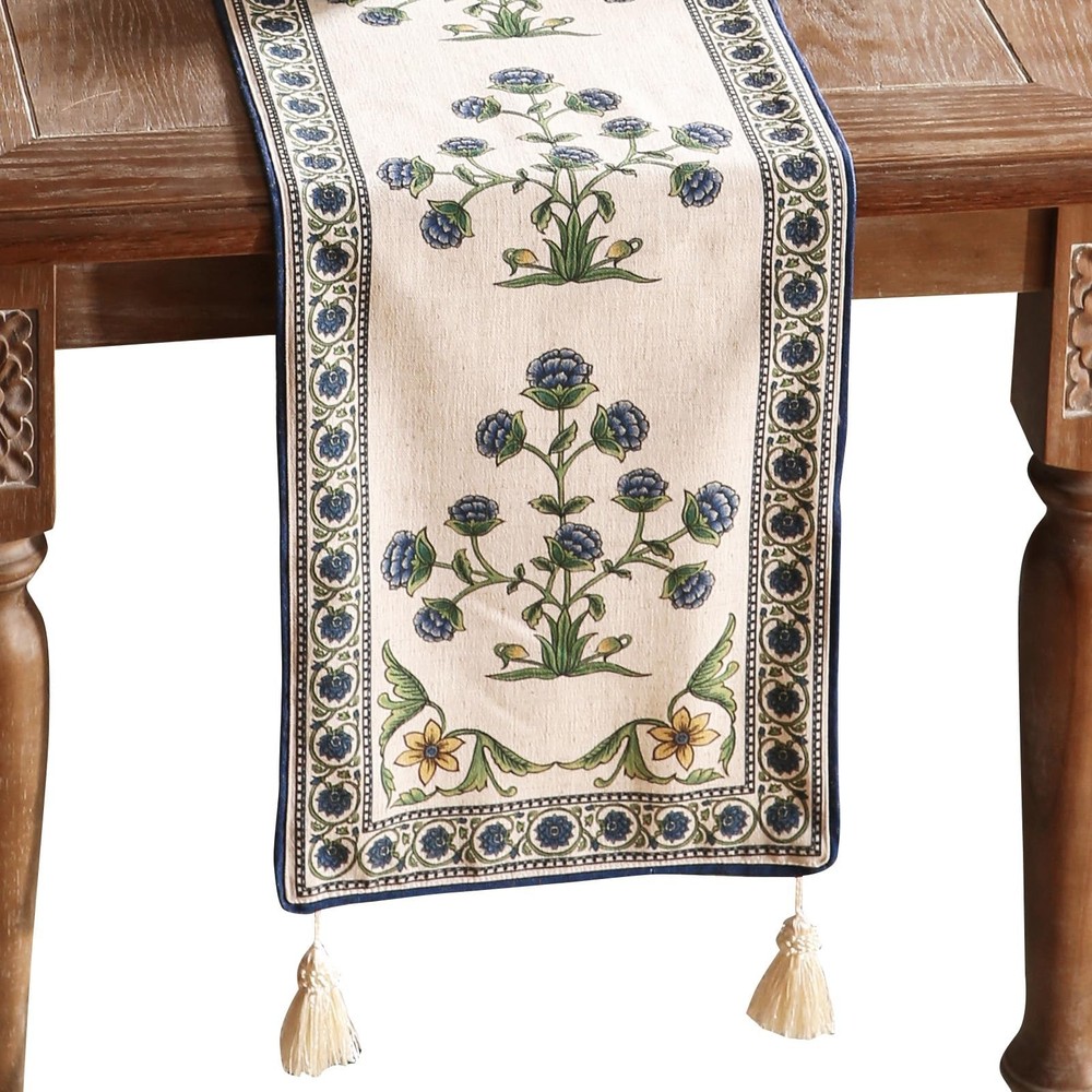 patdrea Designer Blue Rustic Elegant Floral Patterned Linen Table Runner 102 ...