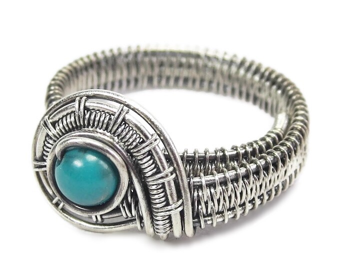 Turquoise Adjustable Ring, Woven in Sterling Silver Wire