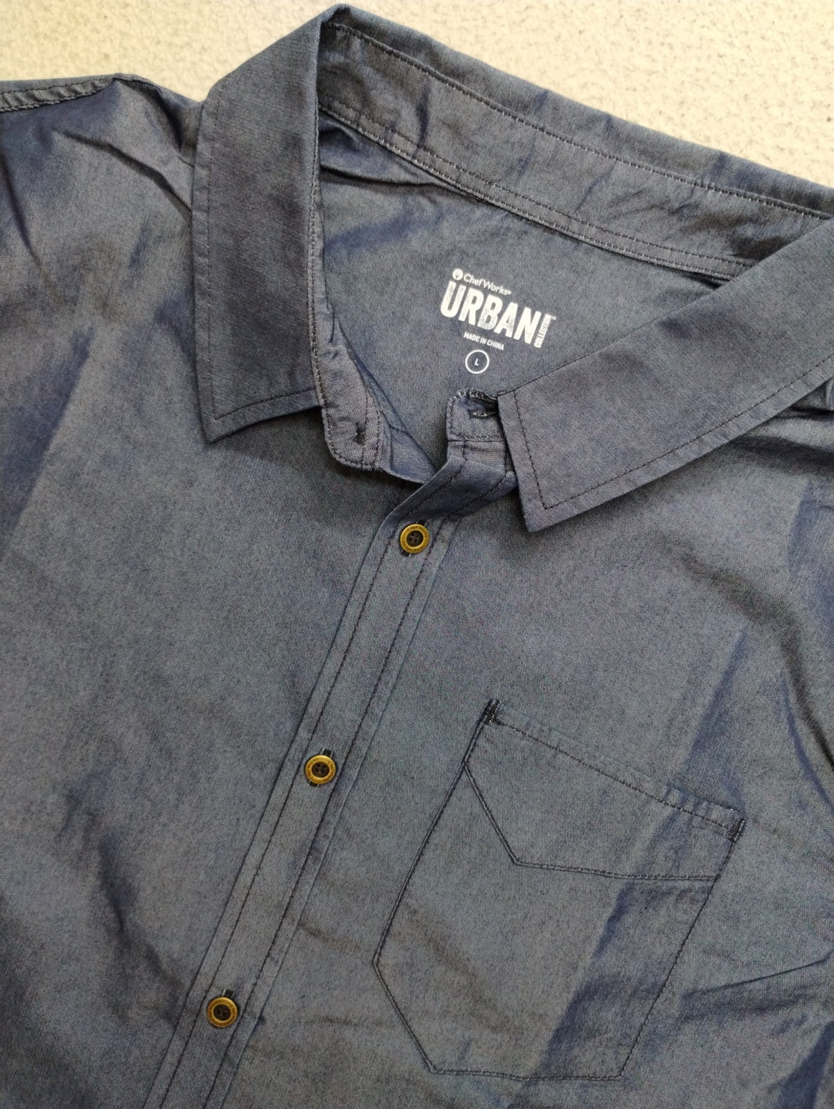 NEW Chef Works Urban Collection Short Sleeve Shirt Large Men Blue Restaurant NWT