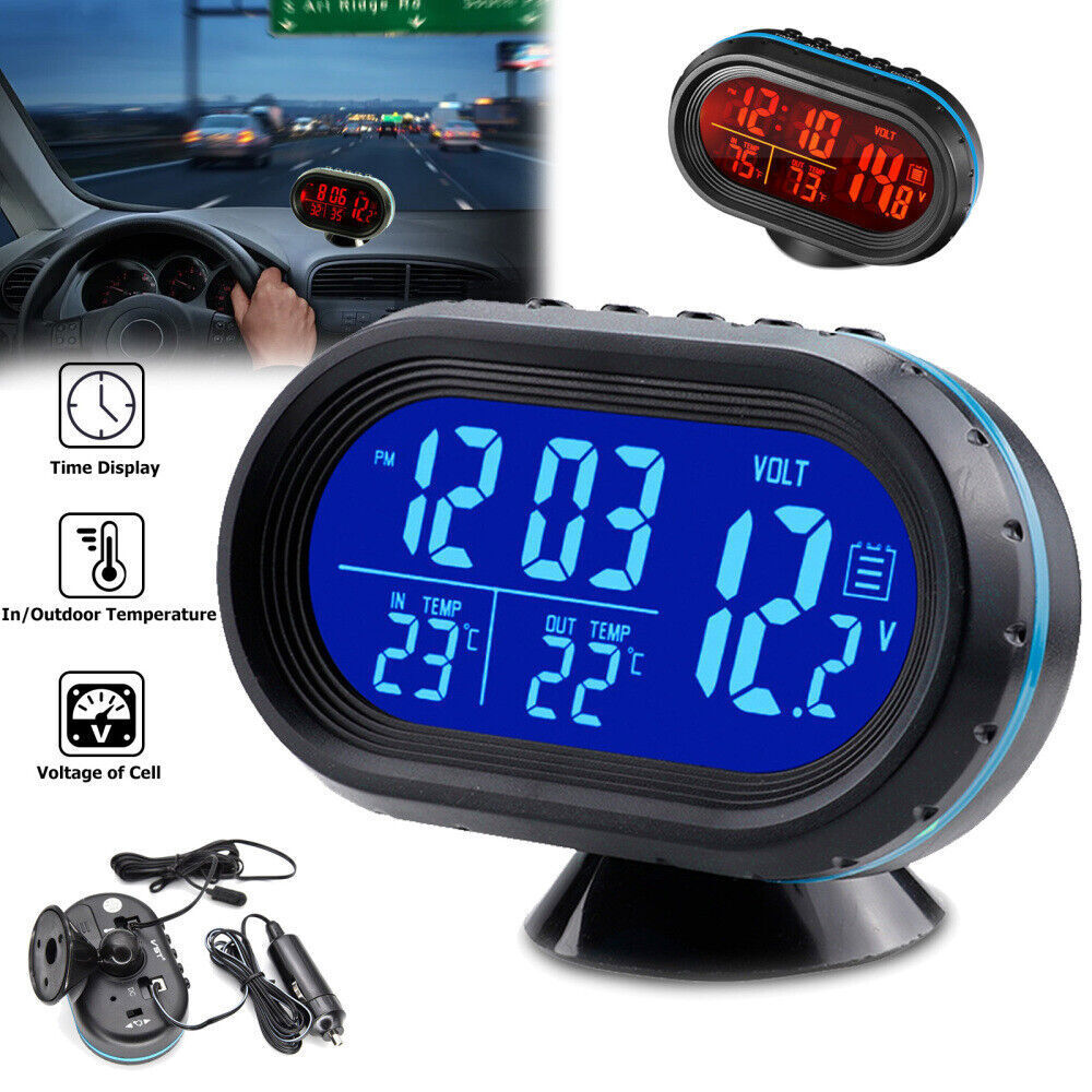Mini Car Dash Panel Blue LED Digital Thermometer/Voltmeter/Clock Voltage Gauge