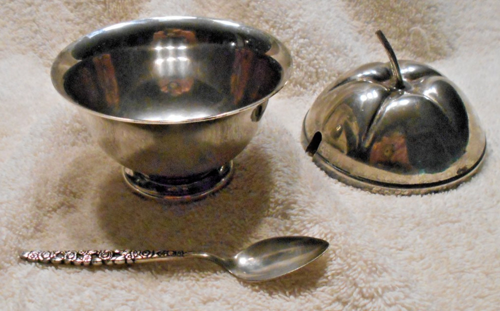 Set of 2 Silverplate Apple Style Jam/Preserves Containers with Spoons