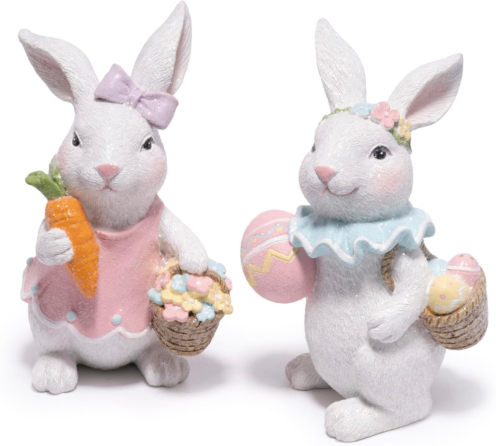 Easter Bunny Figurines Set, Spring Rabbit Decor with Easter Eggs Basket, Floral