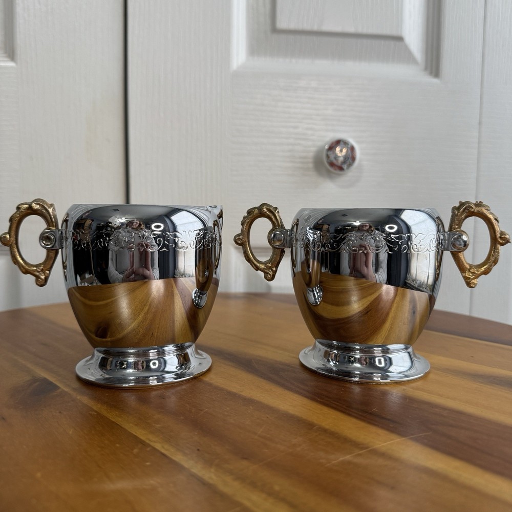 Vintage MCM Chrome Style Silver Gold Tone Handles Sugar & Creamer Set Coffee Tea