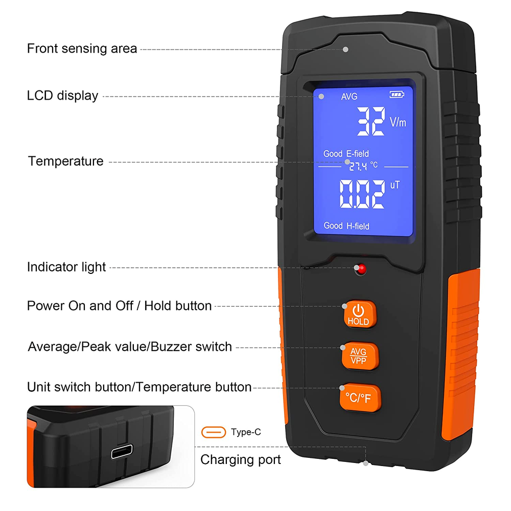 EMF Meter Rechargeable Electromagnetic Field Radiation Detector Handheld Digital