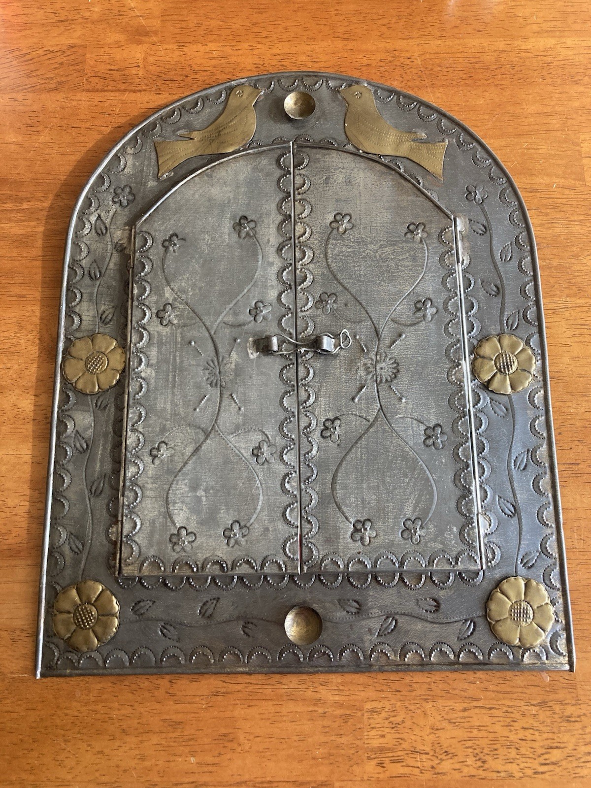 Antique Mexican Folk Art Punched Tin Mirror With Original Glass