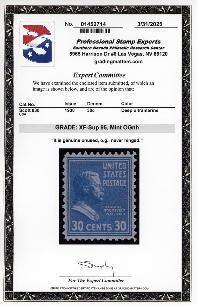 US #830 | Mint NH | Extra Fine/Superb | PSE Cert