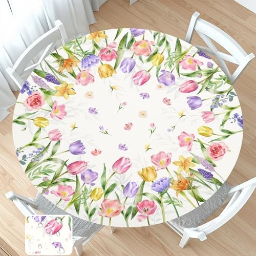 Spring Summer Easter Round Fitted Tablecloth with Elastic Edge Tulip Lavender