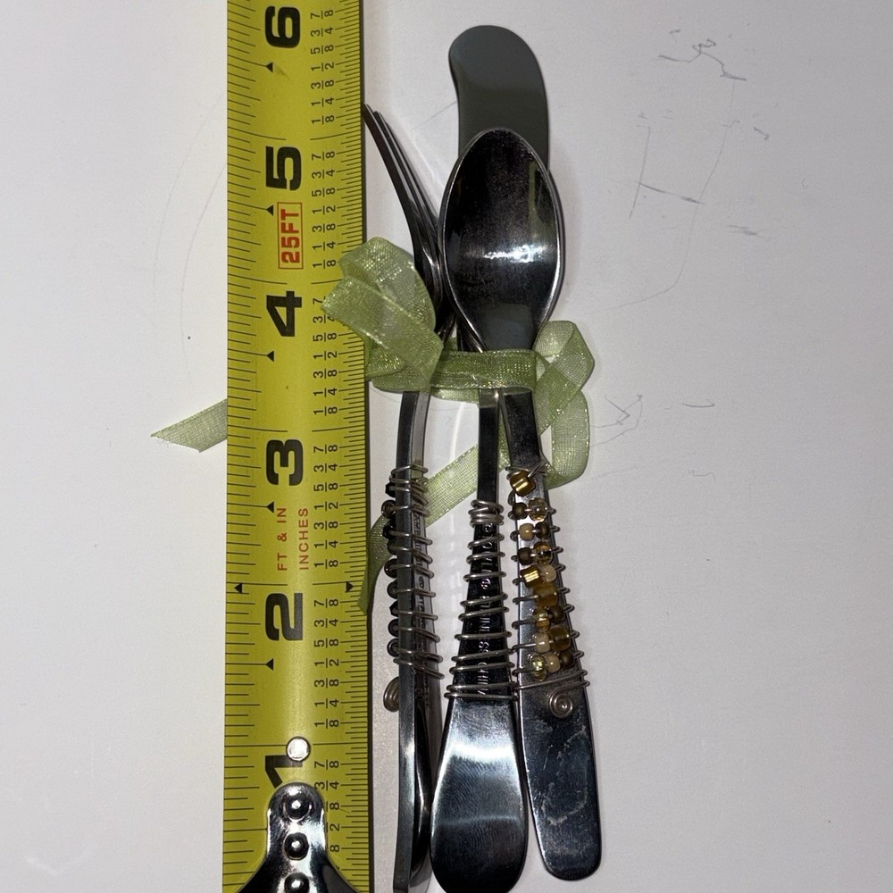 Hand Beaded Wire Wrapped Appetizer Small Spreader Fork and Spoon Set Stainless