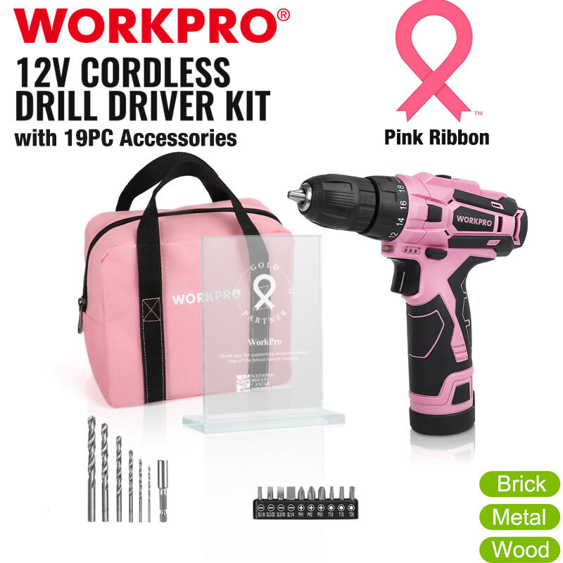 WORKPRO Pink Cordless Drill Driver Set 12V Screwdriver Driver 3/8" Keyless Chuck