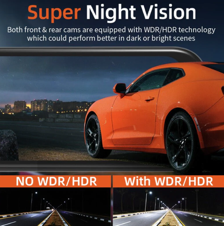 WOLFBOX 4K 12" Dash Cam Mirror GPS Car Rear View Backup Dual Camera Night Vision