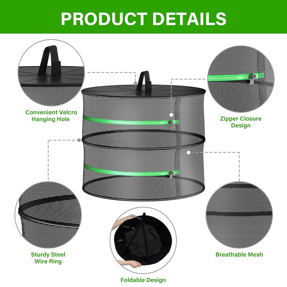 Herb Drying Rack Hanging 2 Layer 24'' with Zipper & Hook, Dry Mesh Folding Baske