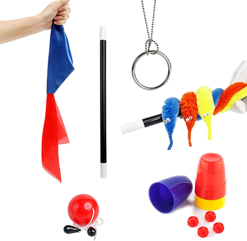 6Pcs Easy to Use Magic Tricks Set with Tutorial Video,Magic Wand, Magic Worm, Ch