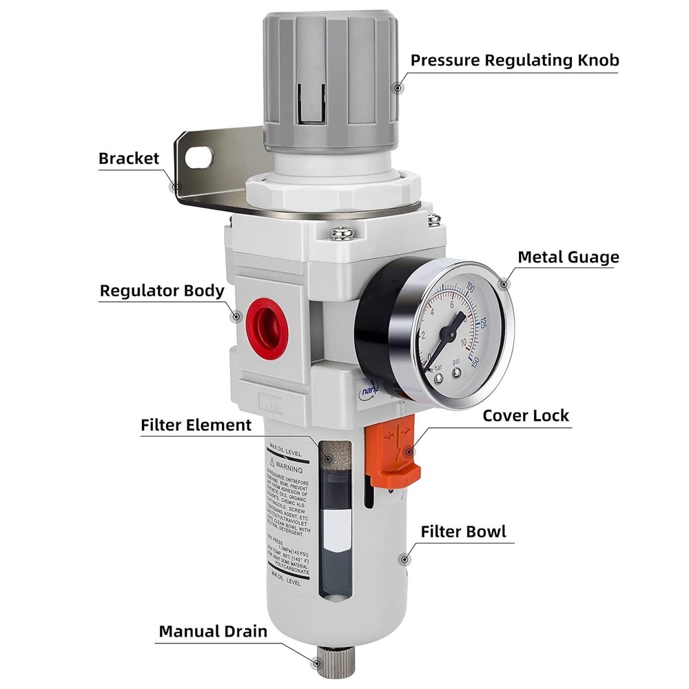 3/8" NPT Compressed Air Filter Regulator with 5 Micron Brass Element