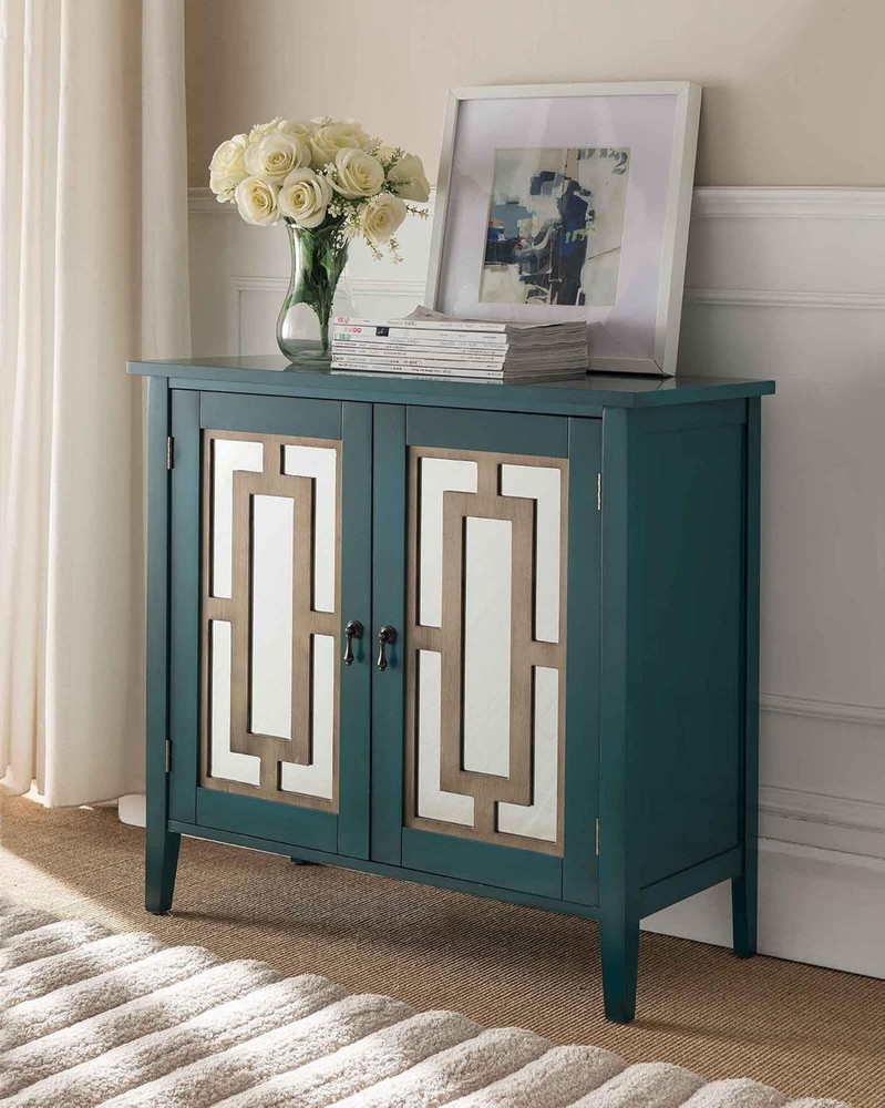 Antique Blue Buffet Server Cabinet with Mirrored Doors - Elegant Console Table
