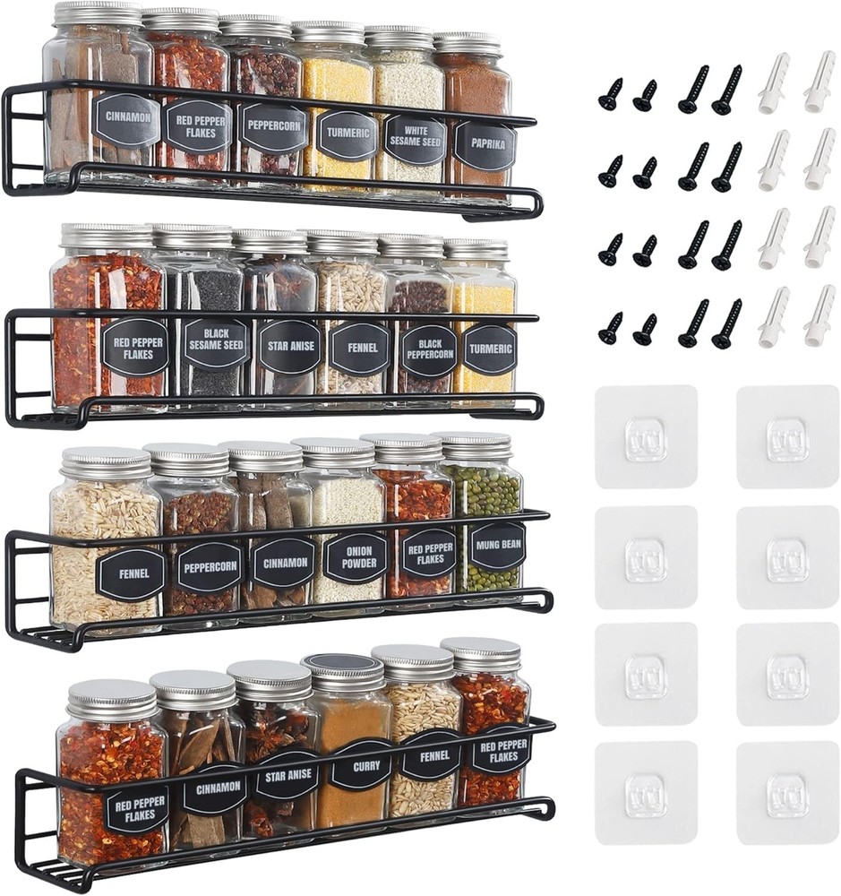Space-Saving 4-Tier Spice Rack – Adjustable Wall Mount for Kitchen & Beyond
