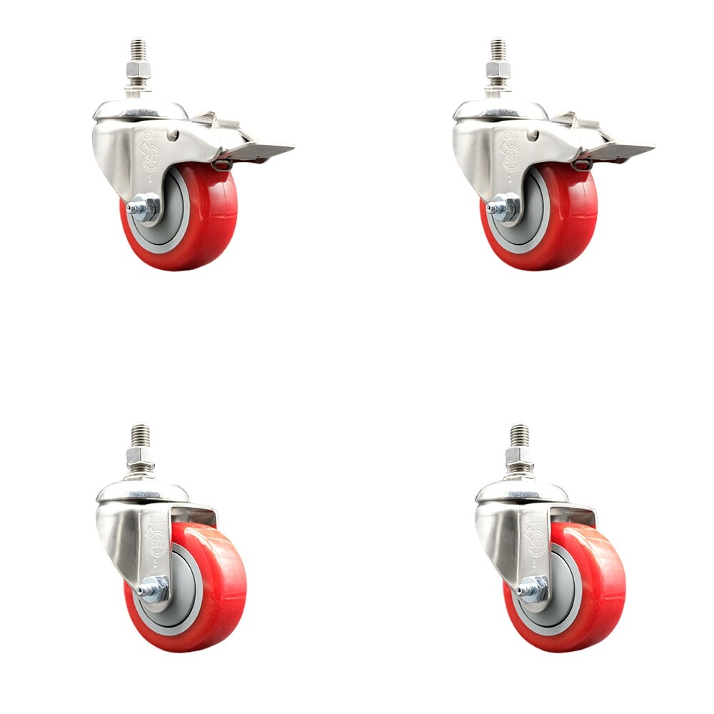 3.5 Inch 316SS Red Polyurethane ½ Inch Threaded Stem Caster Set 2 Lock Brake