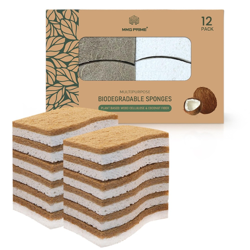 Natural Kitchen Sponge –12-Pack Biodegradable Sponges for Dishes –Compostable...