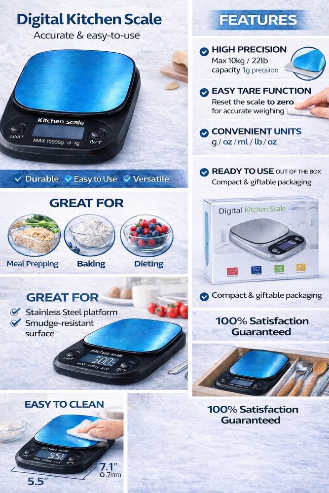 Accurate Digital Kitchen Scale 10kg Capacity 1g Precision LCD Tare Function