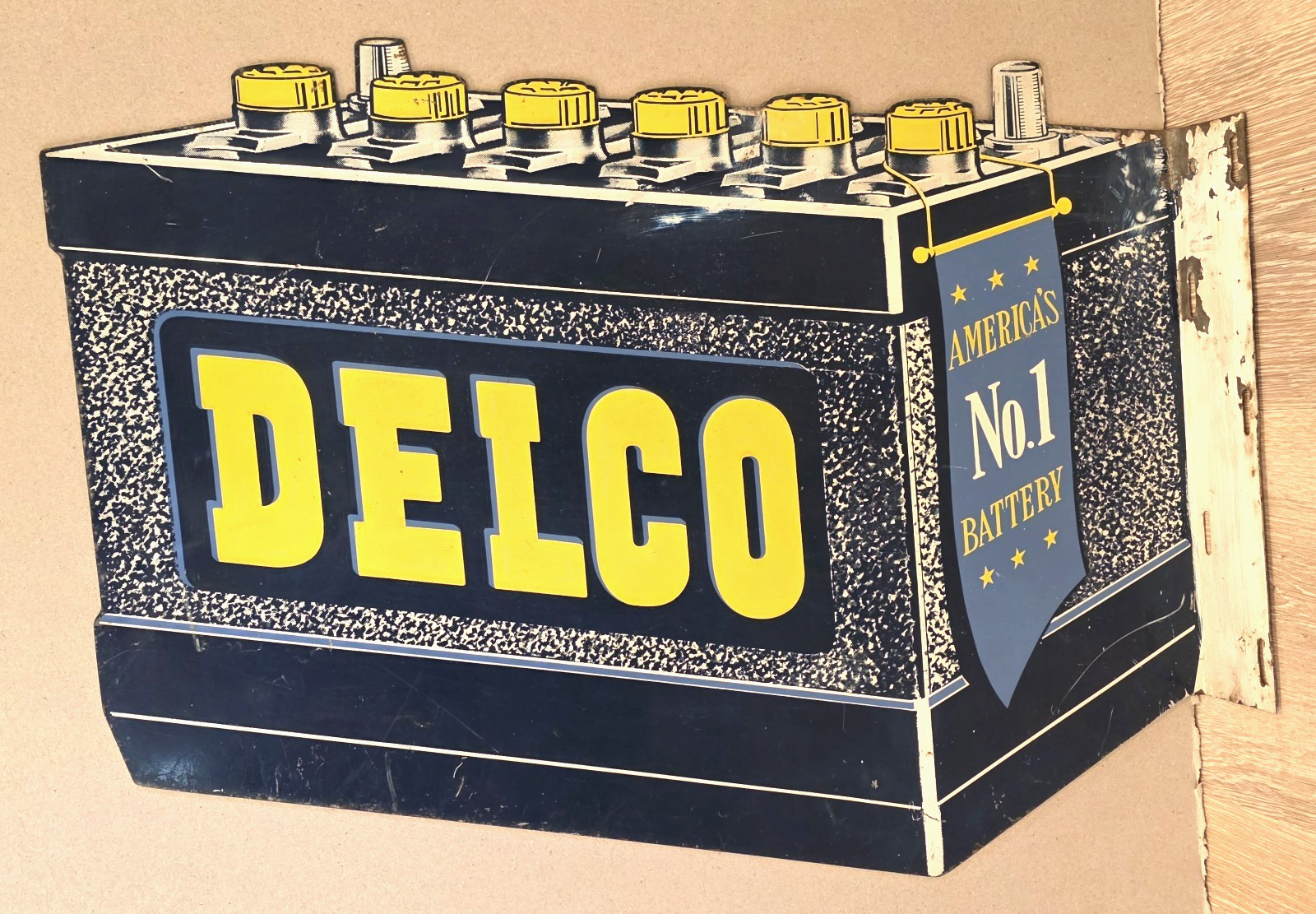 Rare vintage DELCO ** America's No. 1 BATTERY ** FLANGE SIGN - 6 volt gas oil