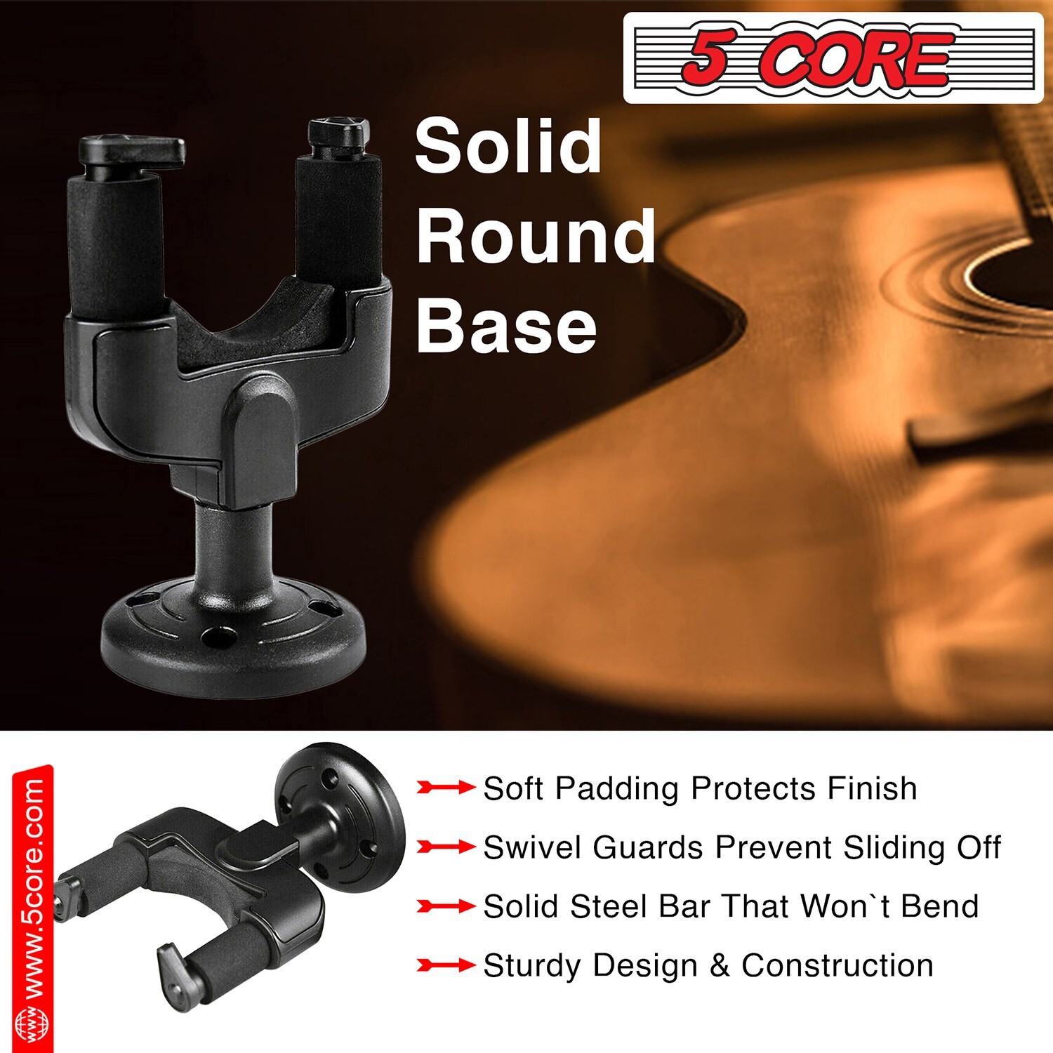 5Core Guitar Wall Mount Hanger Hook Soft Padding Adjustable Rotatable Holder