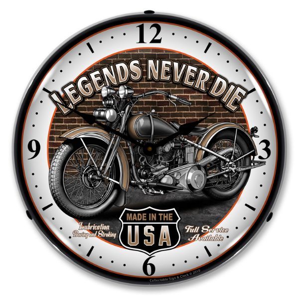 NEW LEGENDS NEVER DIE MOTORCYCLE BIKE RETRO L.E.D.  LIGHTED CLOCK - FREE SHIP*