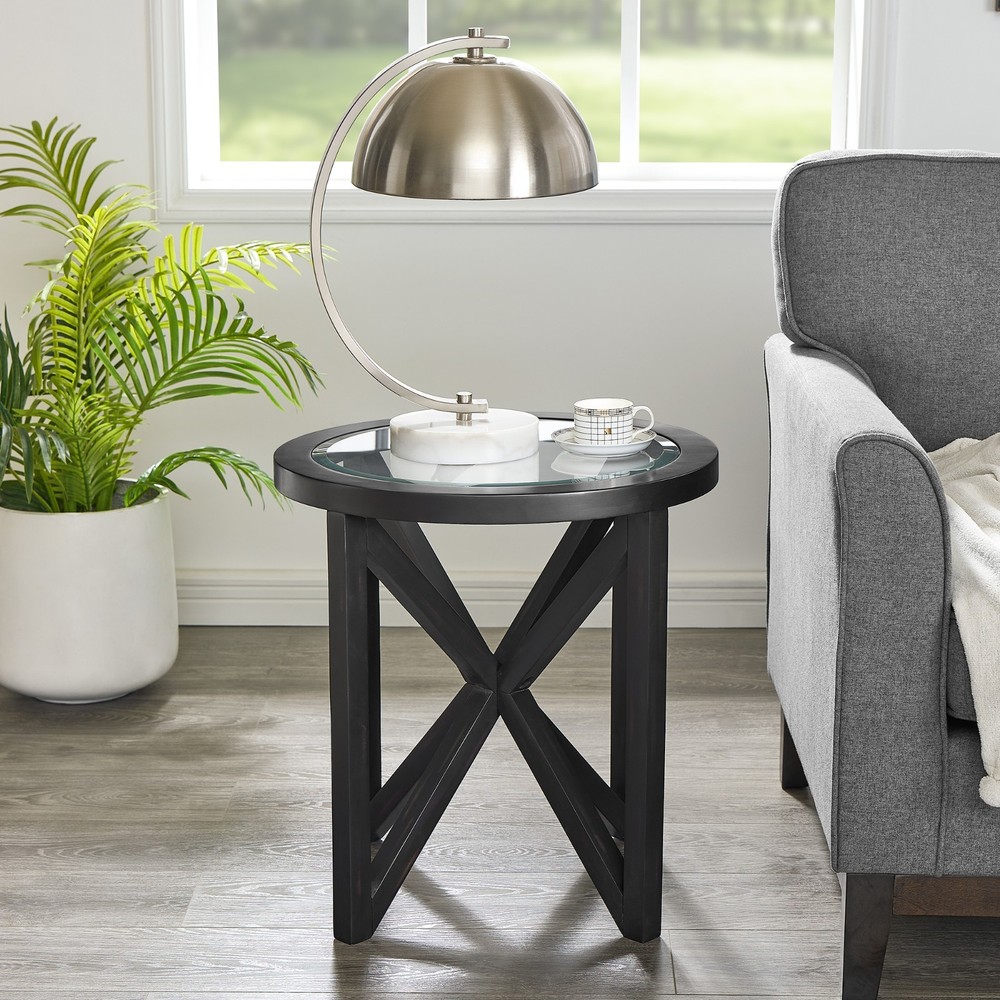 Modern Glass Coffee Table - Tempered Round Top, Solid Wood Base