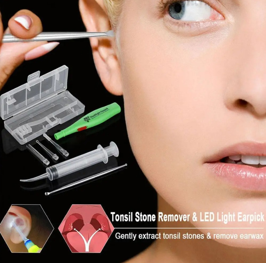 1set LED Tonsil Stone & Earwax Remover Tool with Irrigator and 3 Cleaning Tips