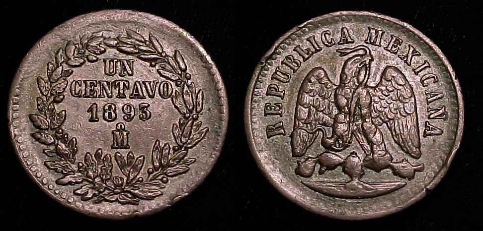 MEXICO 1893 Mo 1 Centavo XF+