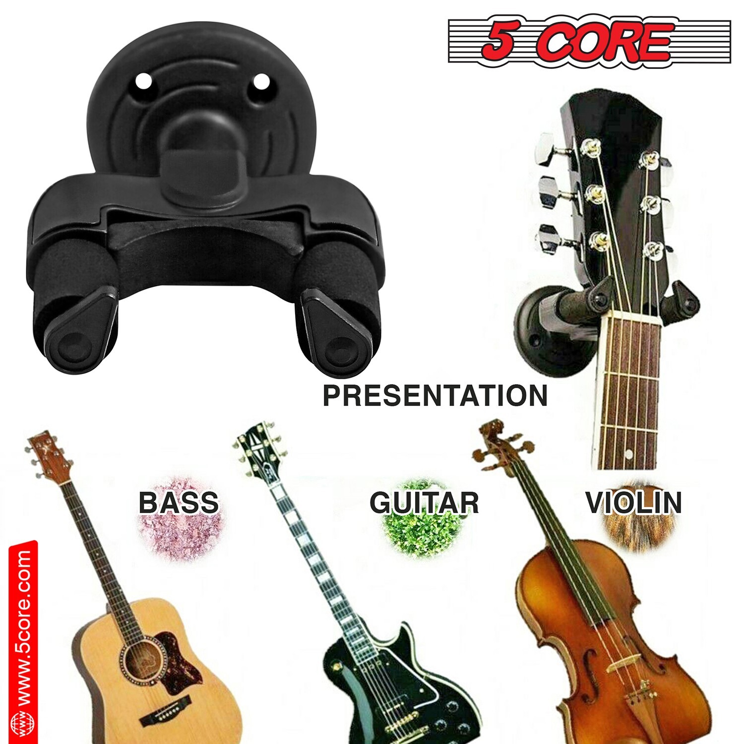 5Core Guitar Wall Mount Hanger 4Pc Hook Soft Padding Adjustable Rotatable Holder