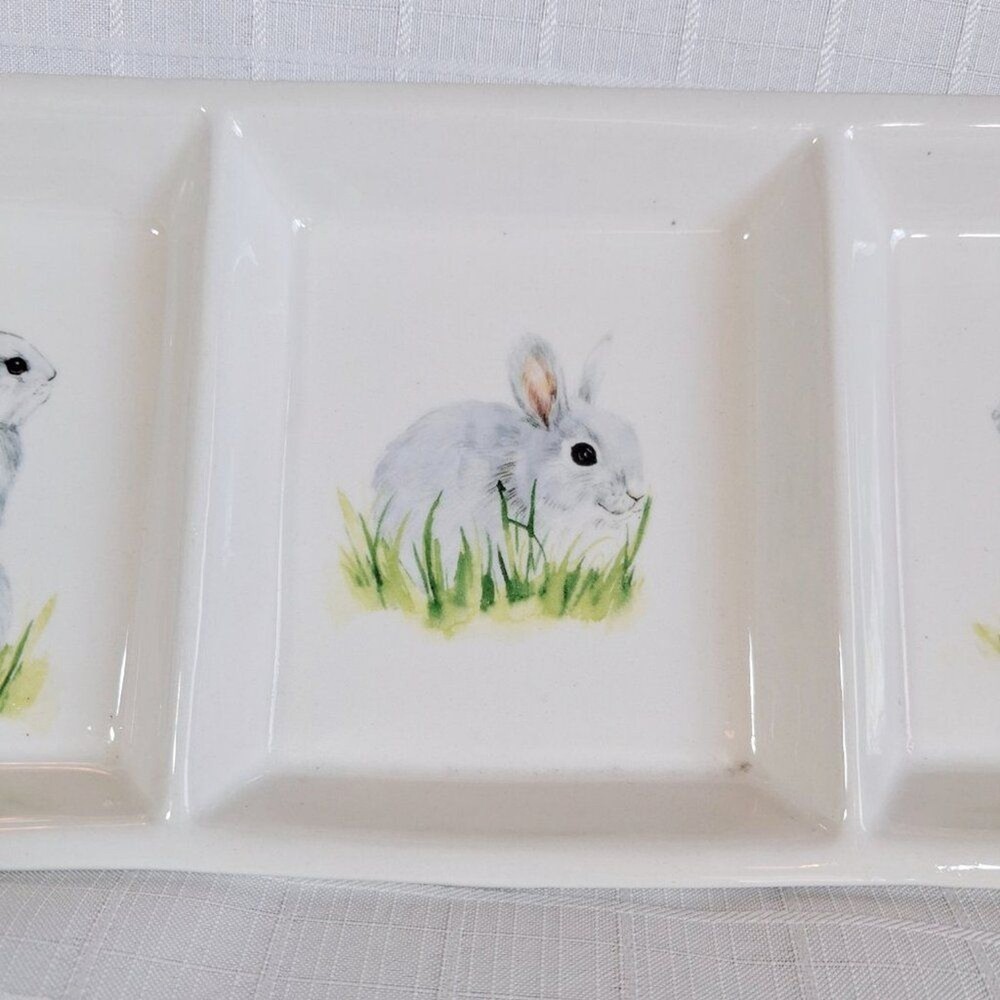 3 Compartment Ceramic Bunny Serving Dish Candy Appetizer 14.5" x 6"