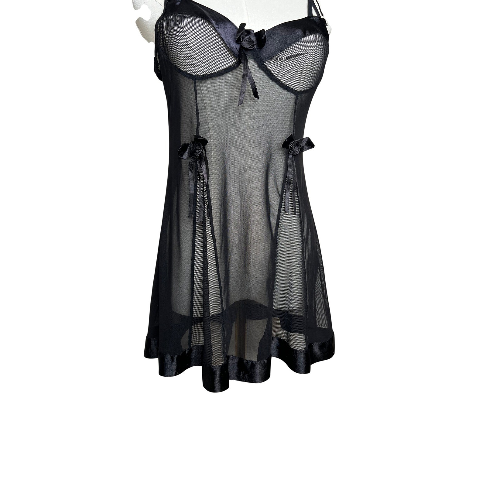 Vintage Style Black Mesh Babydoll Chemise Satin Trim Rosette Bow Lingerie Slip