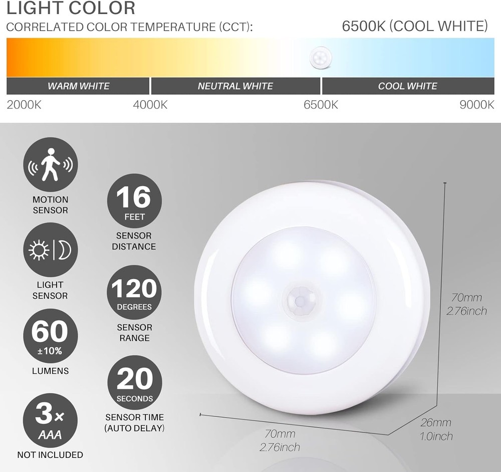 Under Cabinet LED Lights 6 Pack Motion Sensor AAA Cool White