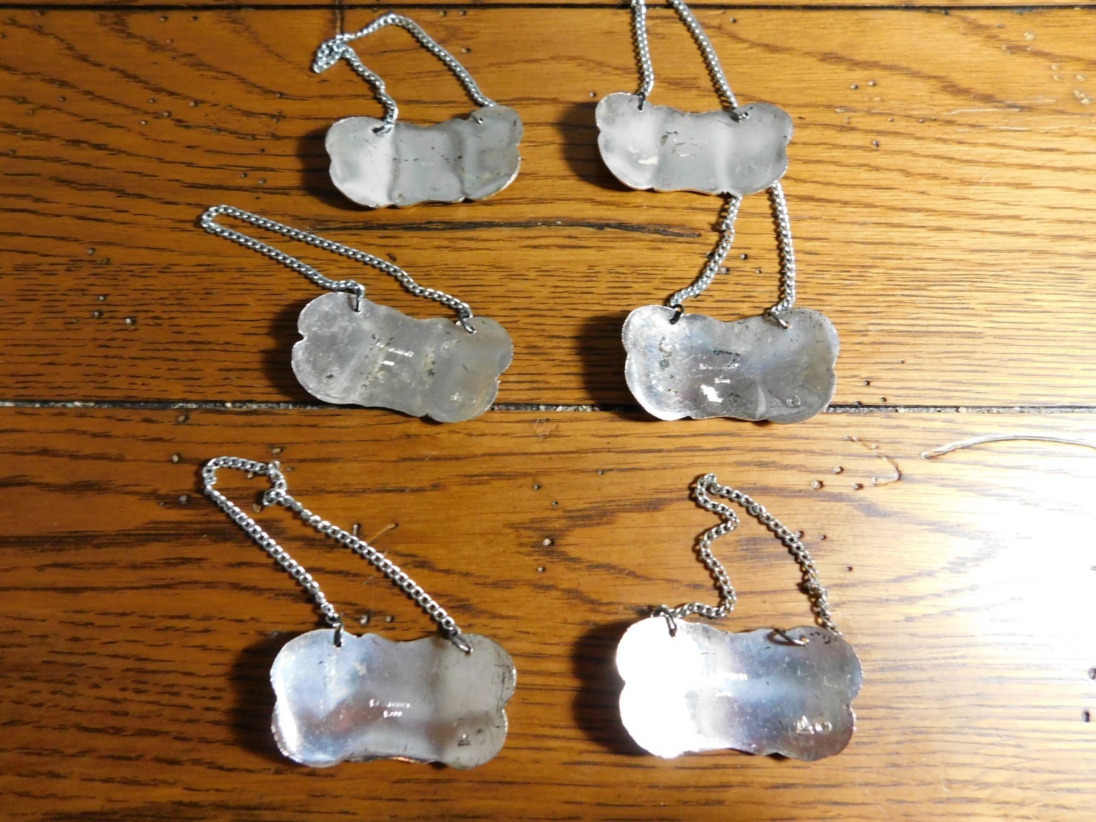 Vintage Set of 6 Liquor Bottle Decanter Label Tags Silver-plated Japan 1967-76