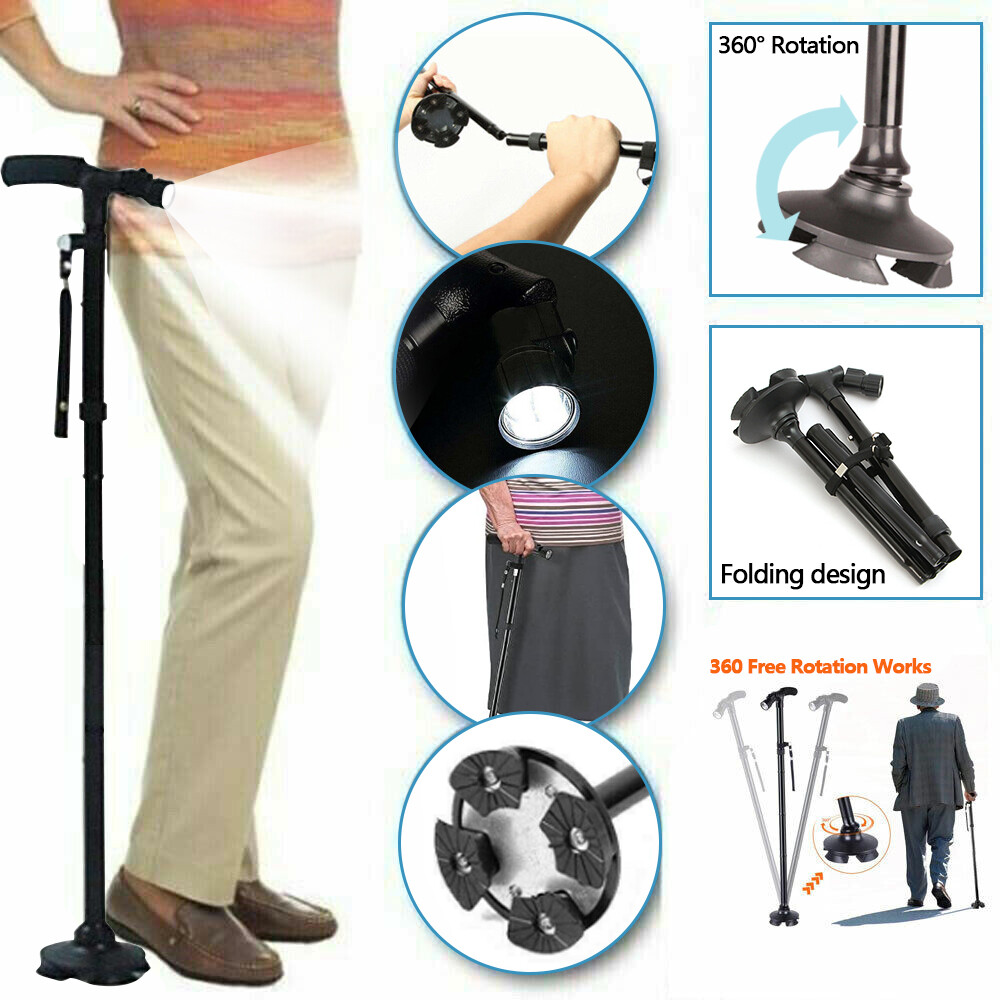 LED Walking Stick Cane All Terrain Pivoting Base Folding Pole Adjustable Height