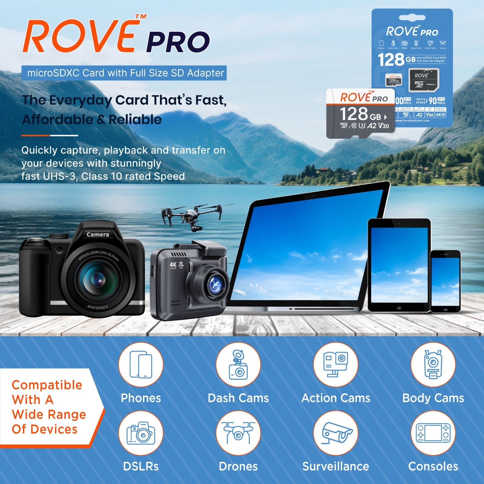 ROVE PRO microSD Card for Dash Cam Memory Card 128, 256, 512 GB, with SD Adapter