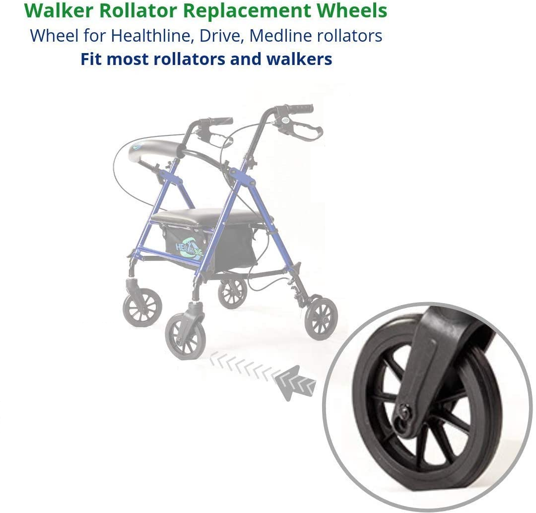 HEALTHLINE Wheels for Walker Rollator, 6 inch Pair, Black (2) (Front)