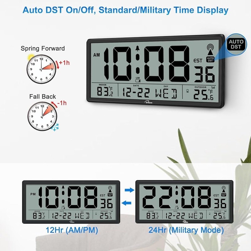 Large Atomic Clock Indoor Outdoor Temperature Digital Display Battery Powered US