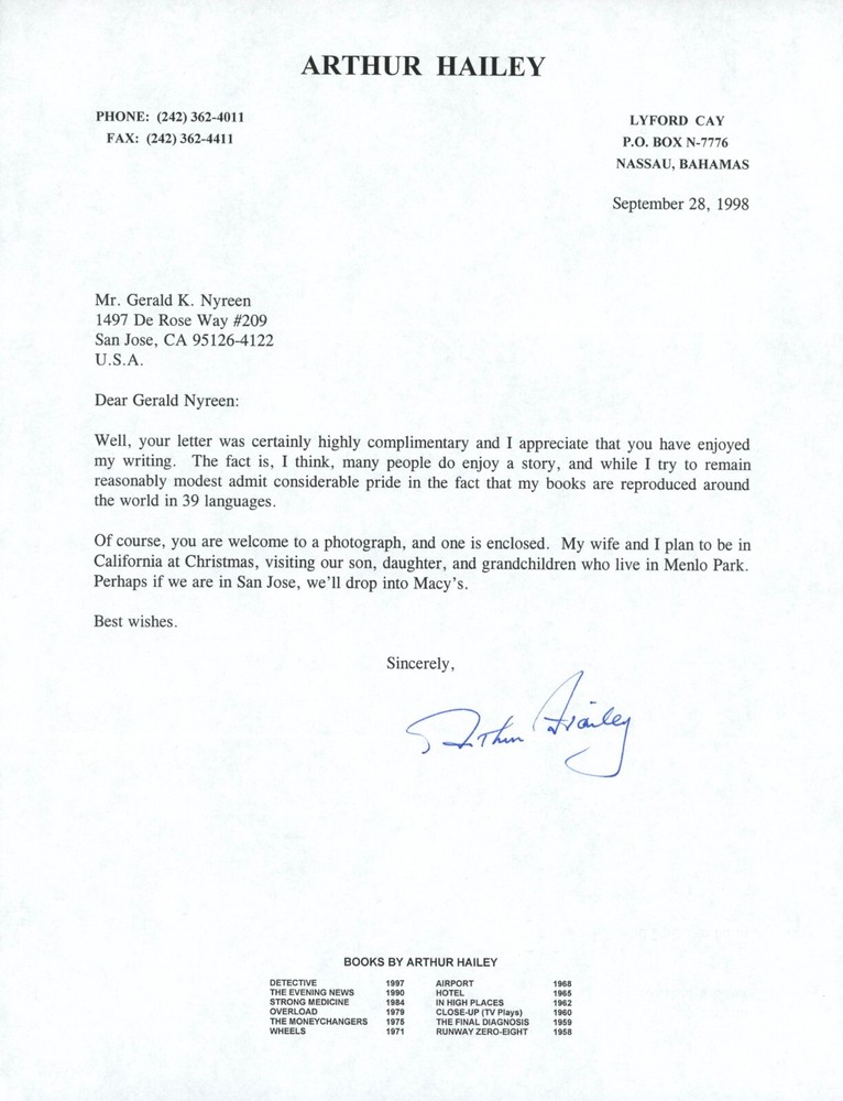 Acclaimed Novelist Arthur Hailey Signed Letter