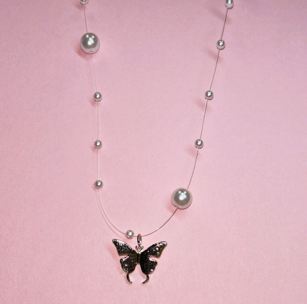 Pearl Link Silver Butterfly Necklace